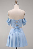 Off The Shoulder Light Pink Corset Pleated 2 Piece Short Party Dress with Beading