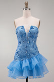 Blue Strapless Sequins Bodycon Short Ball Dress with Ruffled