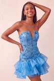 Blue Strapless Sequins Bodycon Short Ball Dress with Ruffled