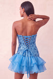 Blue Strapless Sequins Bodycon Short Ball Dress with Ruffled