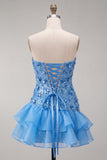 Blue Strapless Sequins Bodycon Short Ball Dress with Ruffled