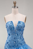 Blue Strapless Sequins Bodycon Short Ball Dress with Ruffled
