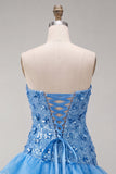 Blue Strapless Sequins Bodycon Short Ball Dress with Ruffled