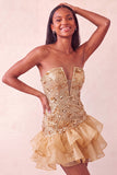 Blue Strapless Sequins Bodycon Short Ball Dress with Ruffled