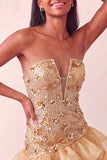Blue Strapless Sequins Bodycon Short Ball Dress with Ruffled