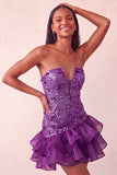 Blue Strapless Sequins Bodycon Short Ball Dress with Ruffled