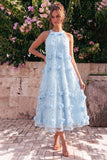 Light Blue Halter Neck A-Line Midi Dress with 3D Flowers