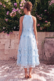 Light Blue Halter Neck A-Line Midi Dress with 3D Flowers