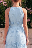 Light Blue Halter Neck A-Line Midi Dress with 3D Flowers