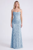 Sage Mermaid Floral Chiffon Spaghetti Straps Long Bridesmaid Dress