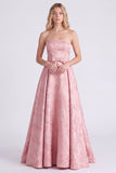 Strapless Pink A-Line Satin Floral Long Bridesmaid Dress with Bow