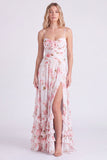 Light Blue A-Line Floral Chiffon Spaghetti Straps Ruffled Long Bridesmaid Dress with Slit