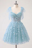 A-Line Floral Sheer Corset Sequins Short Ball Dress with Lace Up Back