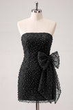 Navy Strapless Beaded Tight Lace Up Back Short Ball Dress with Bow