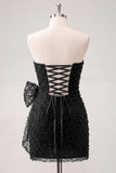 Navy Strapless Beaded Tight Lace Up Back Short Ball Dress with Bow