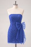 Navy Strapless Beaded Tight Lace Up Back Short Ball Dress with Bow