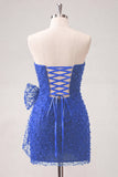 Navy Strapless Beaded Tight Lace Up Back Short Ball Dress with Bow