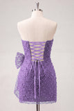 Navy Strapless Beaded Tight Lace Up Back Short Ball Dress with Bow