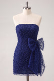 Navy Strapless Beaded Tight Lace Up Back Short Ball Dress with Bow
