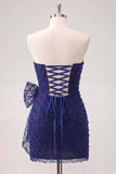 Navy Strapless Beaded Tight Lace Up Back Short Ball Dress with Bow