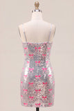 Sparkly Pink Spaghetti Straps Sequins Bodycon Homecoming Dress with Bow
