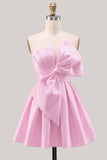 A-Line Daffodil Satin Strapless Ruched Lace Up Back Homecoming Dress with Bow