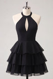 Blue Flower A-Line Halter Neck Tiered Chiffon Cut Out Homecoming Dress