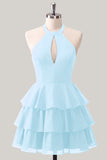 Blue Flower A-Line Halter Neck Tiered Chiffon Cut Out Homecoming Dress