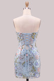 Light Blue Bodycon Strapless Sequins Corset Lace Up Back Homecoming Dress with Bow