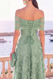 Off the Shoulder Blue A-Line Midi Floral Dress with Lace Up Back