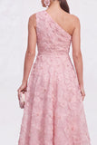 Blue A-Line One Shoulder Floral Midi Dress with Beading