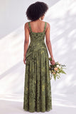 Blue Square Neck Velvet Corset Floral Ruched Long Bridesmaid Dress with Slit