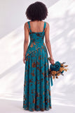 Blue Square Neck Velvet Corset Floral Ruched Long Bridesmaid Dress with Slit