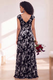 Black Silver Flower Velvet Ruched Long Bridesmaid Dress with Cap Sleeves