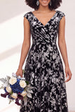 Black Silver Flower Velvet Ruched Long Bridesmaid Dress with Cap Sleeves