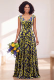 Black Silver Flower Velvet Ruched Long Bridesmaid Dress with Cap Sleeves