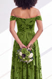 Off The Shoulder Fuchsia Floral Velvet A-Line Long Bridesmaid Dress