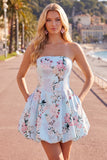 Pink Satin Strapless A-Line Floral Homecoming Dress with Lace Up Back
