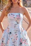 Pink Satin Strapless A-Line Floral Homecoming Dress with Lace Up Back