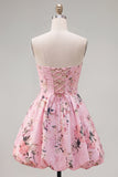 Pink Satin Strapless A-Line Floral Homecoming Dress with Lace Up Back