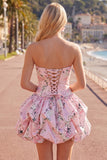 Strapless Blue A-Line Satin Floral Homecoming Dress with Lace Up Back