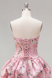 Strapless Blue A-Line Satin Floral Homecoming Dress with Lace Up Back