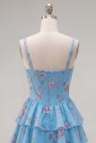 Blue Chiffon Corset Tiered Floral A-Line Square Neck Short Homecoming Dress
