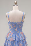 Blue Chiffon Corset Tiered Floral A-Line Square Neck Short Homecoming Dress