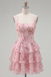 Blue Chiffon Corset Tiered Floral A-Line Square Neck Short Homecoming Dress