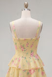 Blue Chiffon Corset Tiered Floral A-Line Square Neck Short Homecoming Dress