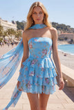 Yellow Strapless Tiered Floral A-Line Ruffle Short Homecoming Dress
