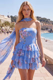 Yellow Strapless Tiered Floral A-Line Ruffle Short Homecoming Dress