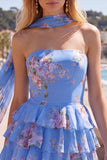 Yellow Strapless Tiered Floral A-Line Ruffle Short Homecoming Dress