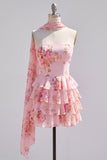 Yellow Strapless Tiered Floral A-Line Ruffle Short Homecoming Dress